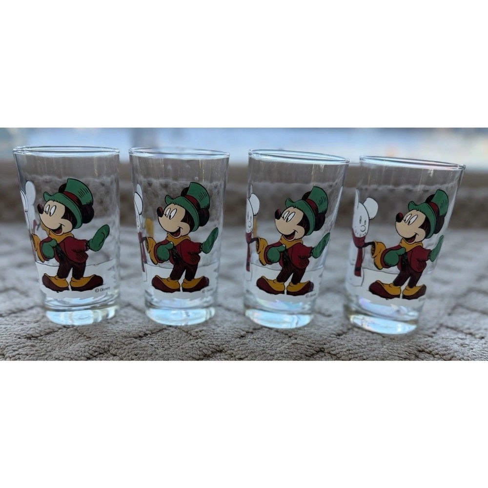 Vtg Mickey Mouse & Snowman Disney Anchor Hocking Juice Glass Set Of 4